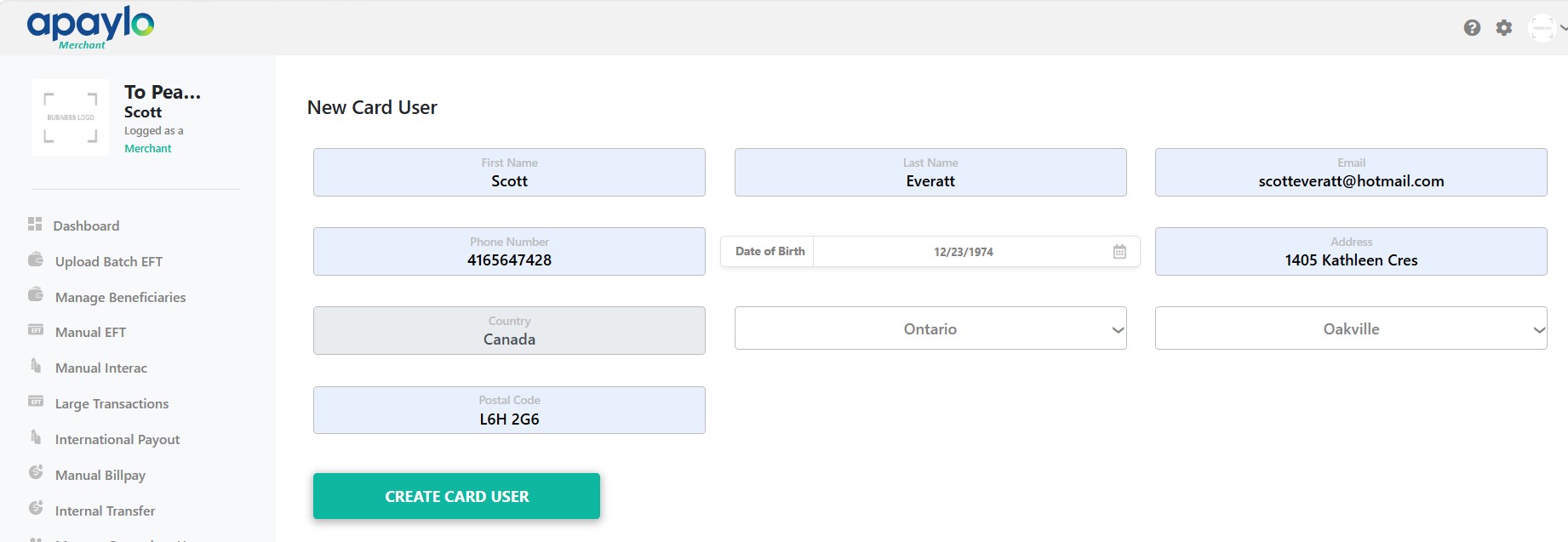 New Card User form