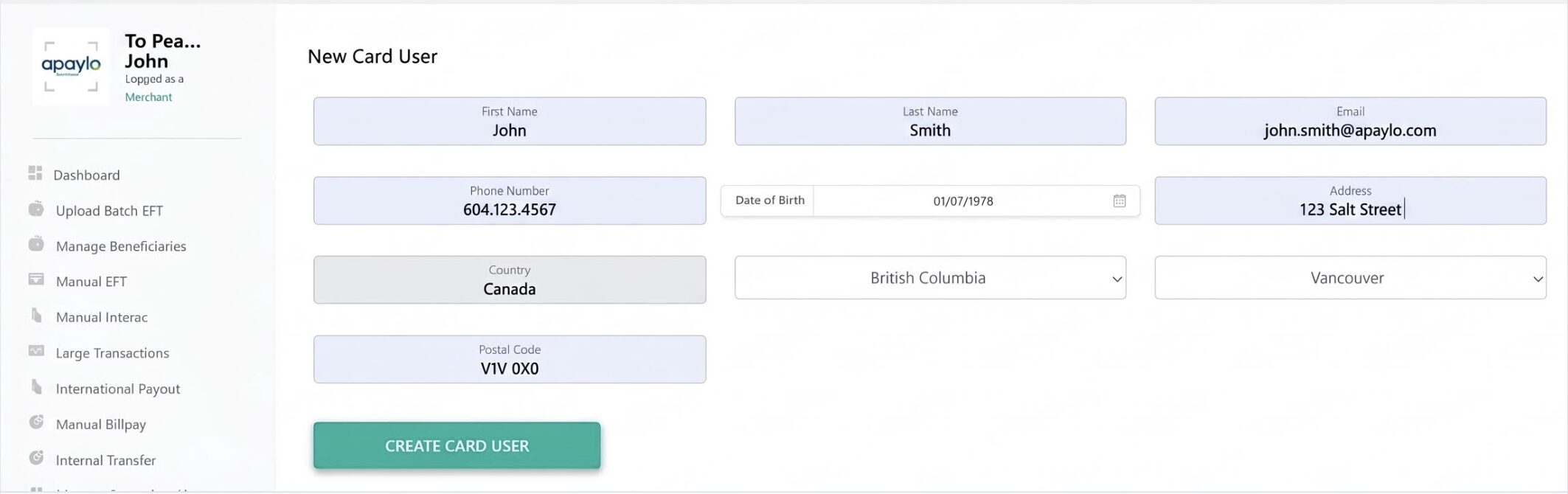 New Card User form